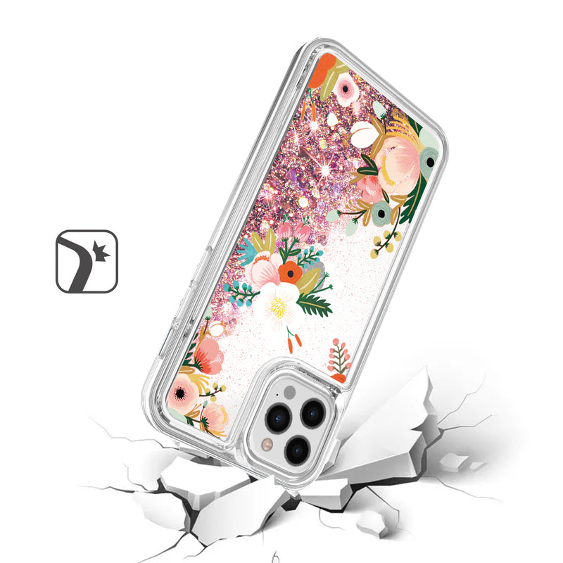 For iPhone 12 Pro Max 6.7 Design Water Quicksand Glitter Case Cover - Floral A