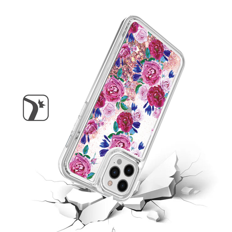 For iPhone 12 Pro Max 6.7 Design Water Quicksand Glitter Case Cover - Floral B