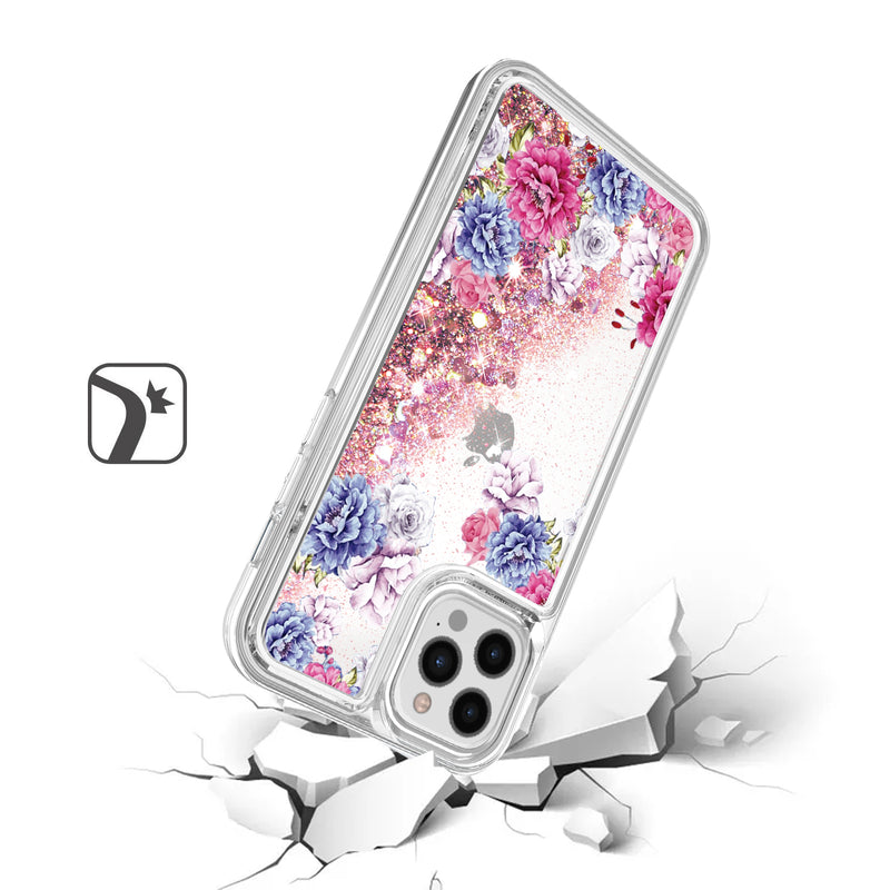 For iPhone 12 Pro Max 6.7 Design Water Quicksand Glitter Case Cover - Floral C