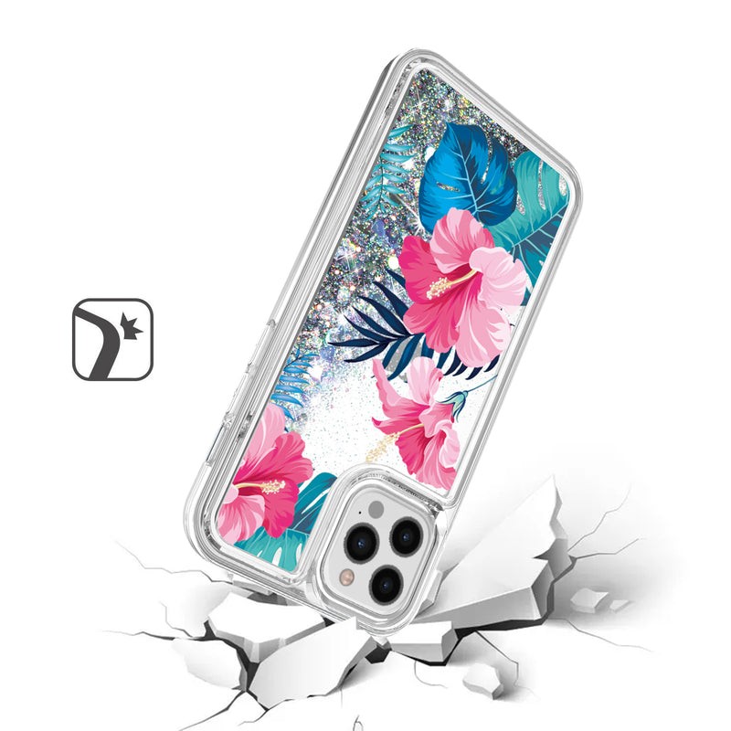 For iPhone 12 Pro Max 6.7 Design Water Quicksand Glitter Case Cover - Floral D