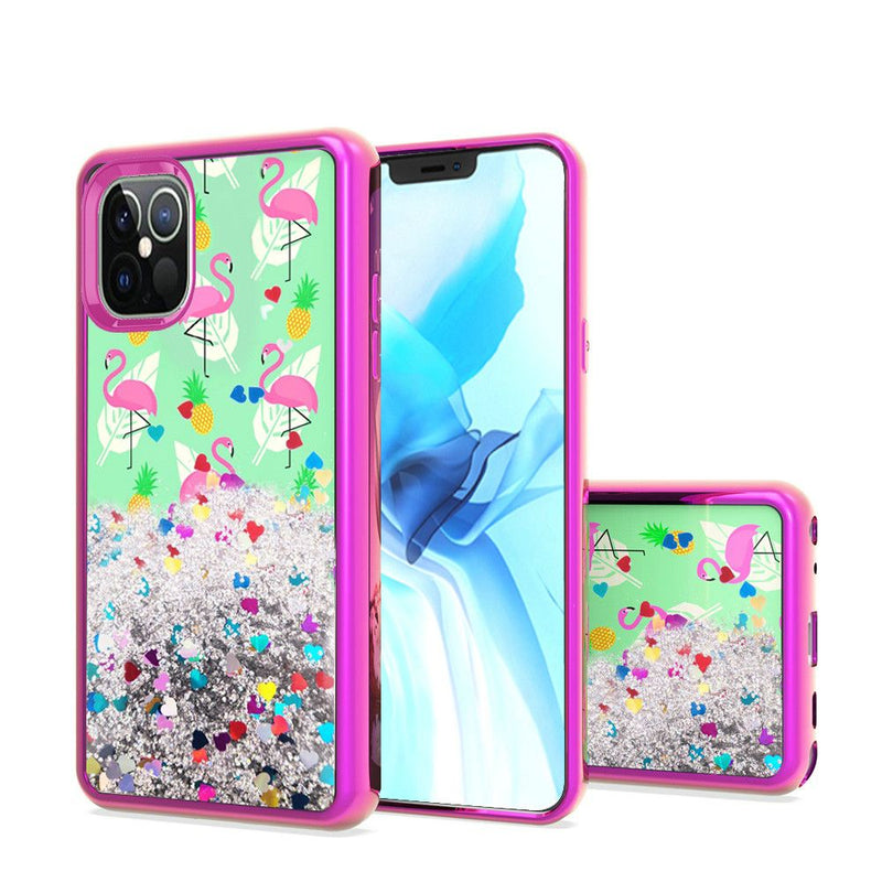 For iPhone 12/Pro (6.1 Only) Design Water Quicksand Glitter Case Cover - Flamingo Pineapple Feather