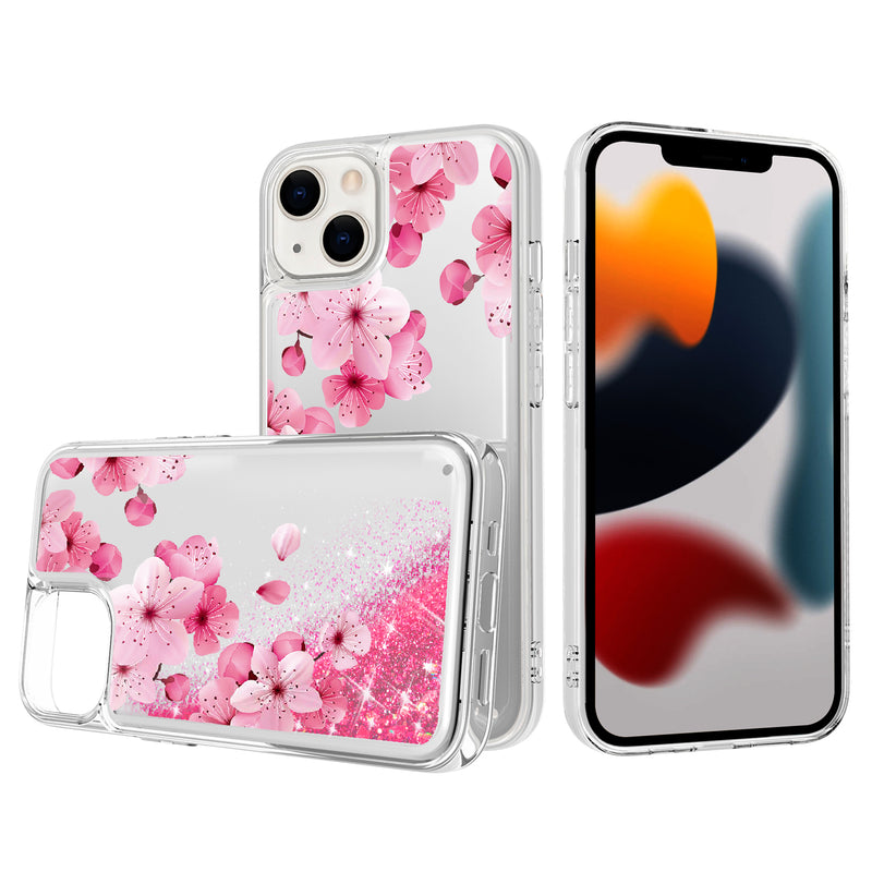 For iPhone 14 PLUS Design Water Quicksand Glitter Case Cover - Blossom Floral