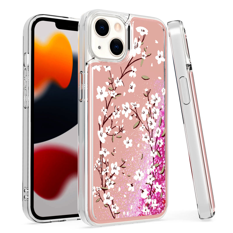 For Apple iPhone 14 PRO 6.1" Design Water Quicksand Glitter Case Cover - Light Pink Floral