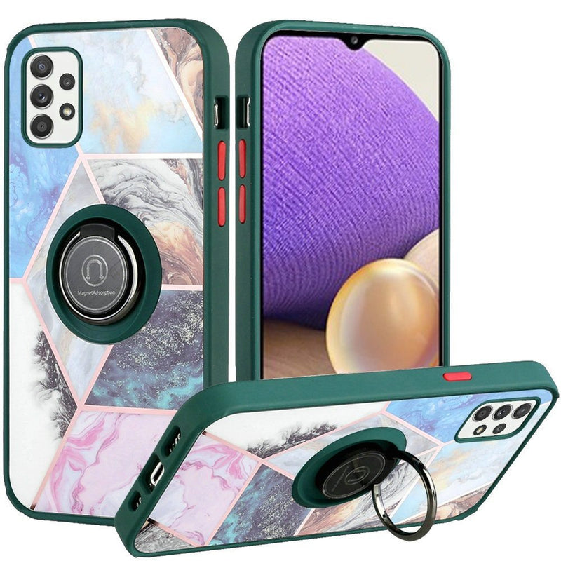 For Samsung A32 5G Unique IMD Design Magnetic Ring Stand Cover Case - Galaxy Marble on Green