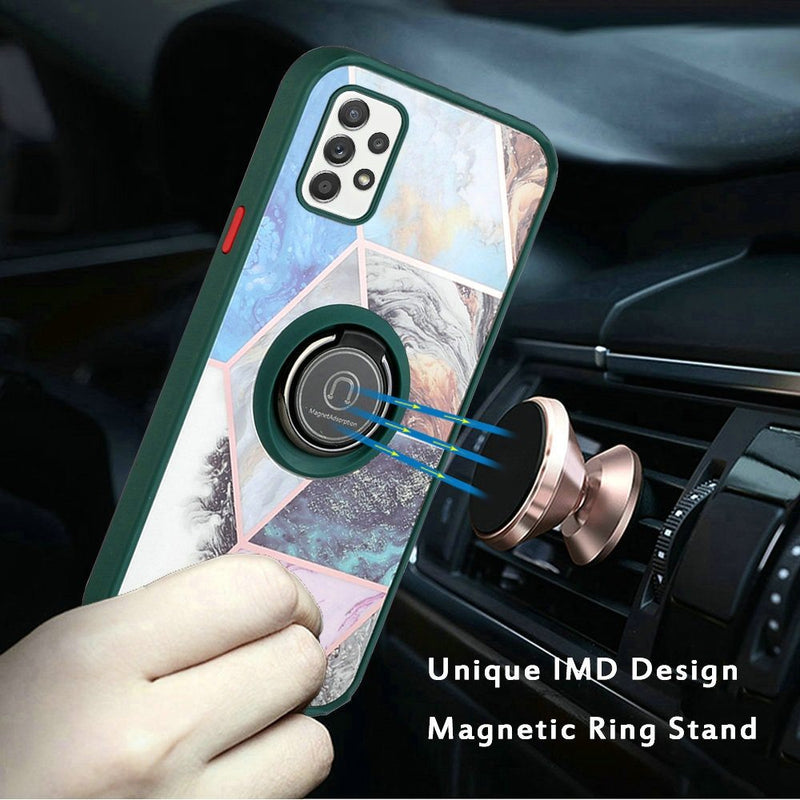 For Samsung A32 5G Unique IMD Design Magnetic Ring Stand Cover Case - Galaxy Marble on Green