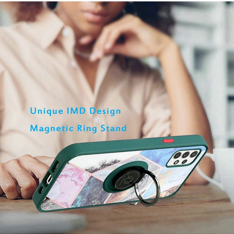 For Samsung A32 5G Unique IMD Design Magnetic Ring Stand Cover Case - Galaxy Marble on Green