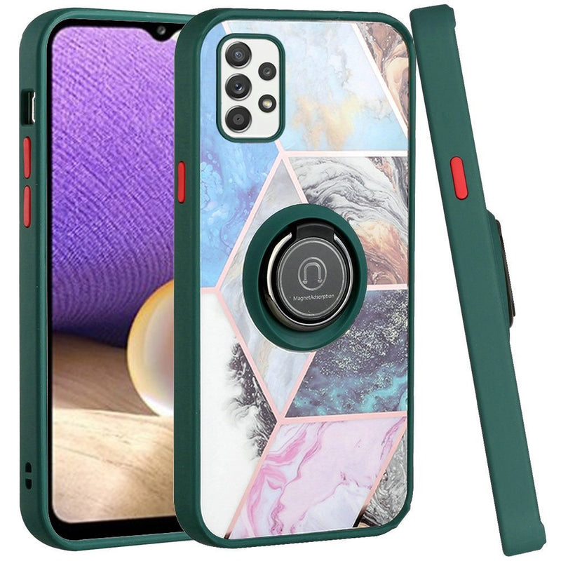 For Samsung A32 5G Unique IMD Design Magnetic Ring Stand Cover Case - Galaxy Marble on Green