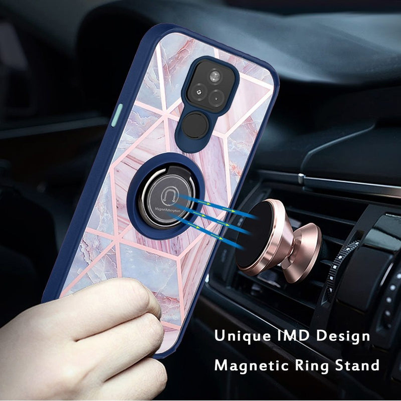 For Motorola Moto G Play 2021 Unique IMD Design Magnetic Ring Stand Cover Case - Blue on Marble