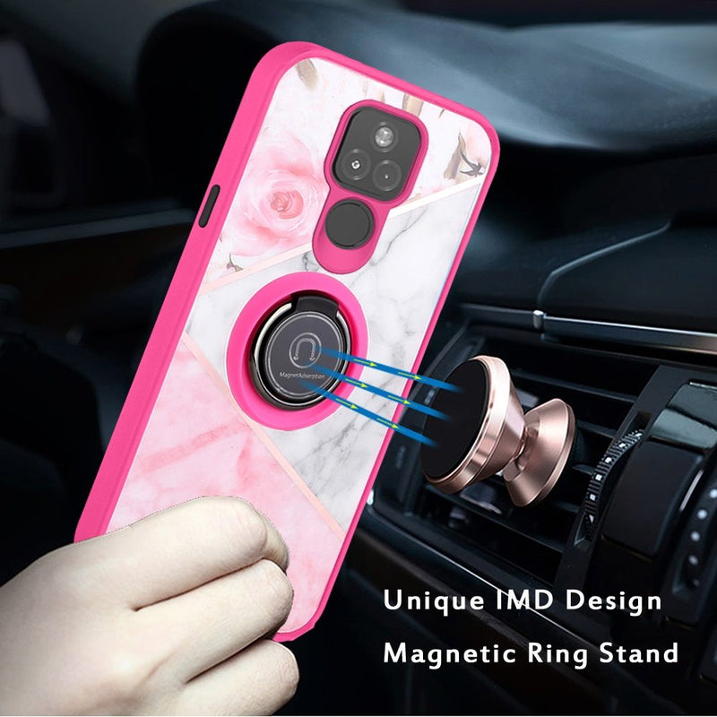 For Motorola Moto G Play 2021 Unique IMD Design Magnetic Ring Stand Cover Case - Elegant Marble on Pink