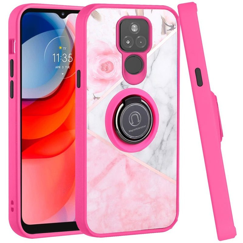 For Motorola Moto G Play 2021 Unique IMD Design Magnetic Ring Stand Cover Case - Elegant Marble on Pink