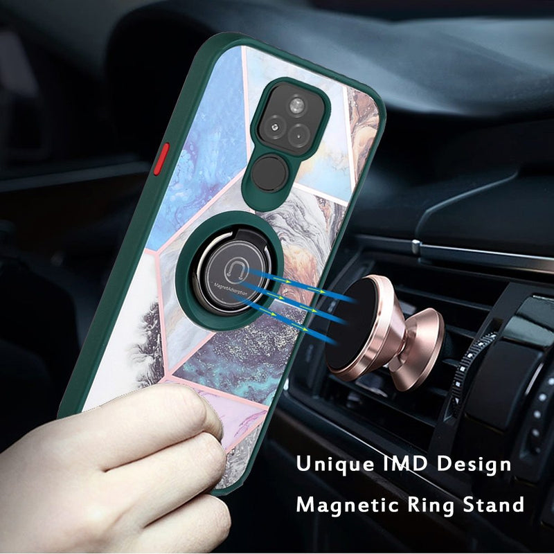 For Motorola Moto G Play 2021 Unique IMD Design Magnetic Ring Stand Cover Case - Galaxy Marble on Green