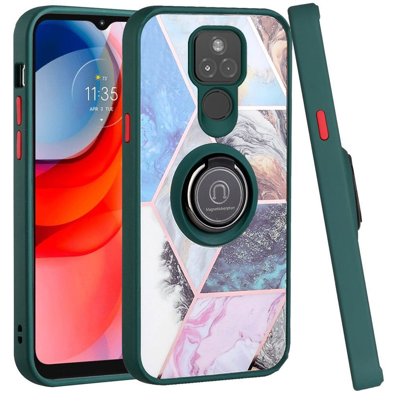 For Motorola Moto G Play 2021 Unique IMD Design Magnetic Ring Stand Cover Case - Galaxy Marble on Green