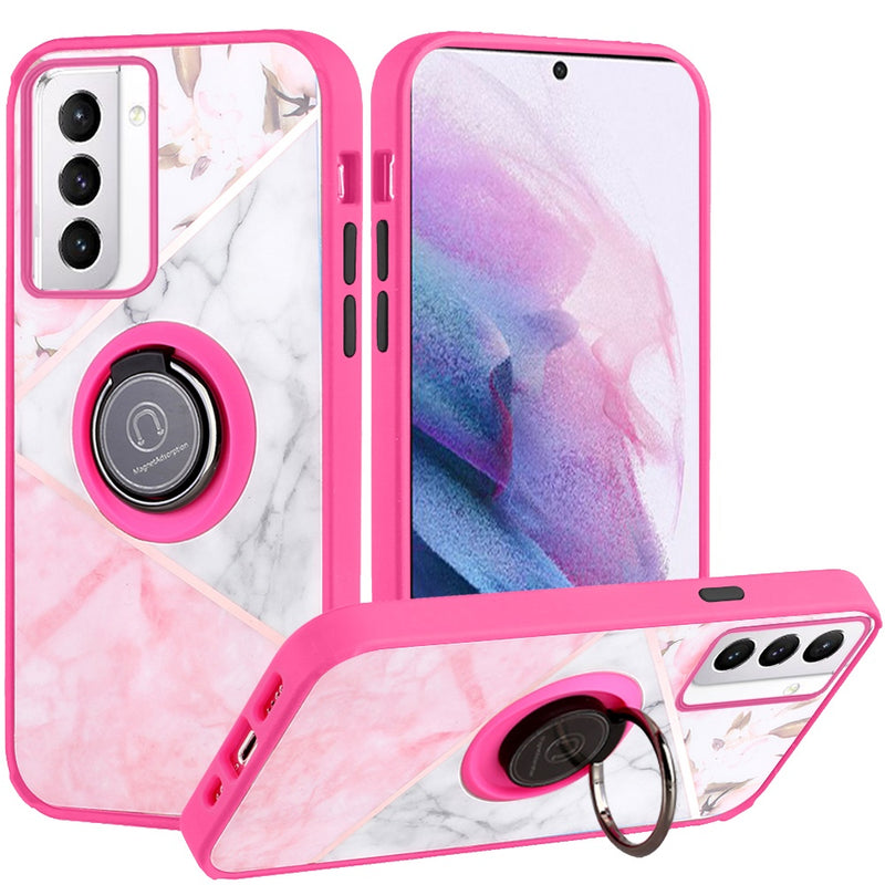 For Samsung Galaxy S21/S30 6.3inch Unique IMD Design Magnetic Ring Stand Cover Case - Elegant Marble on Pink