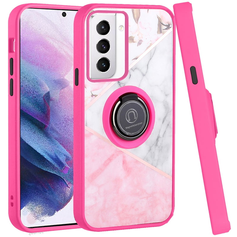 For Samsung Galaxy S21/S30 6.3inch Unique IMD Design Magnetic Ring Stand Cover Case - Elegant Marble on Pink