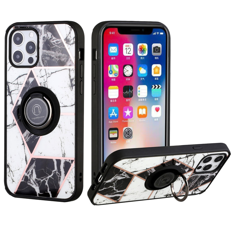 For iPhone 12/Pro (6.1 Only) Unique IMD Design Magnetic Ring Stand Cover Case - Classy Marble on Black