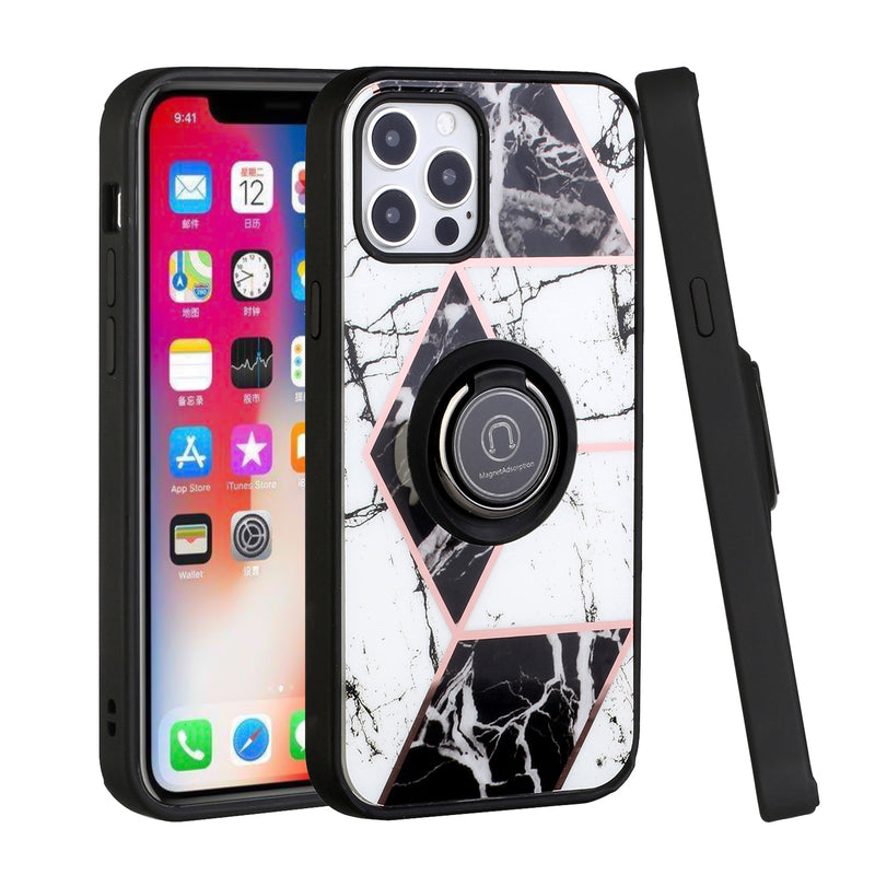 For Apple iPhone XR Unique IMD Design Magnetic Ring Stand Cover Case - Classy Marble on Black