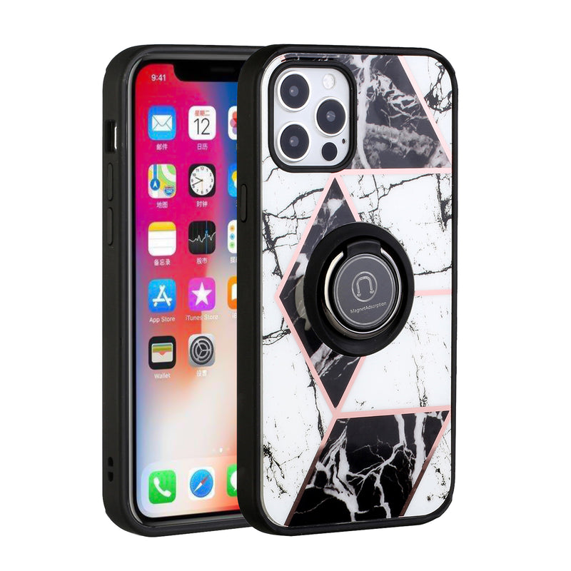 For Apple iPhone SE2 (2020) 8/7/6/6s Unique IMD Design Magnetic Ring Stand Cover Case - Classy Marble on Black