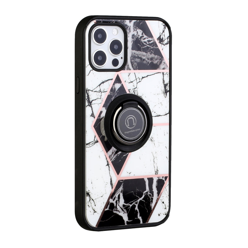 For Apple iPhone SE2 (2020) 8/7/6/6s Unique IMD Design Magnetic Ring Stand Cover Case - Classy Marble on Black