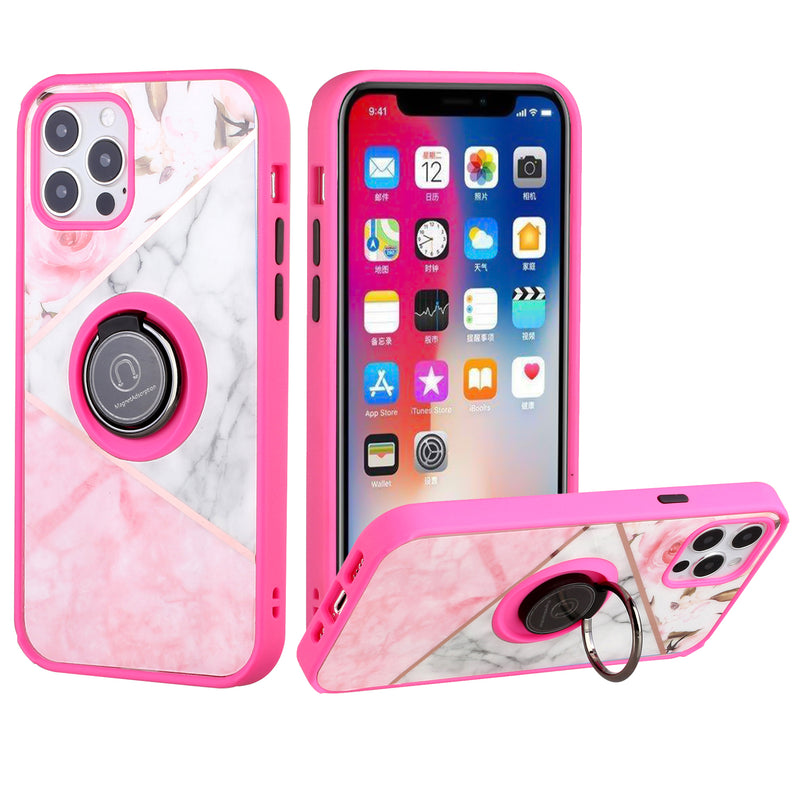 For iPhone 12 Pro Max 6.7 Unique IMD Design Magnetic Ring Stand Cover Case - Elegant Marble on Pink