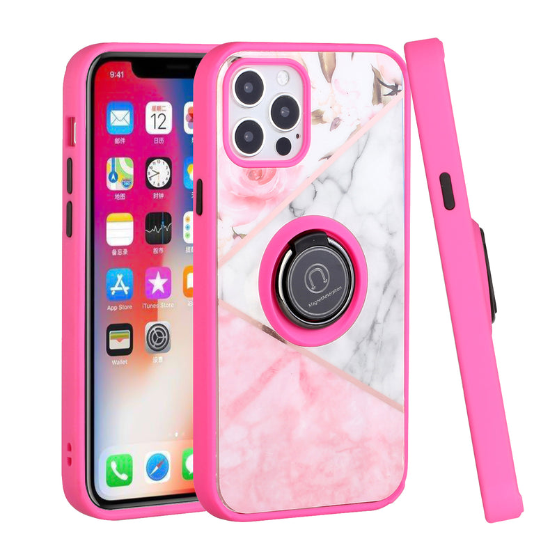 For Apple iPhone XR Unique IMD Design Magnetic Ring Stand Cover Case - Elegant Marble on Pink