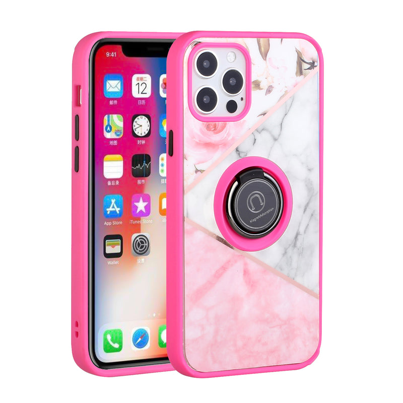 For Apple iPhone XR Unique IMD Design Magnetic Ring Stand Cover Case - Elegant Marble on Pink