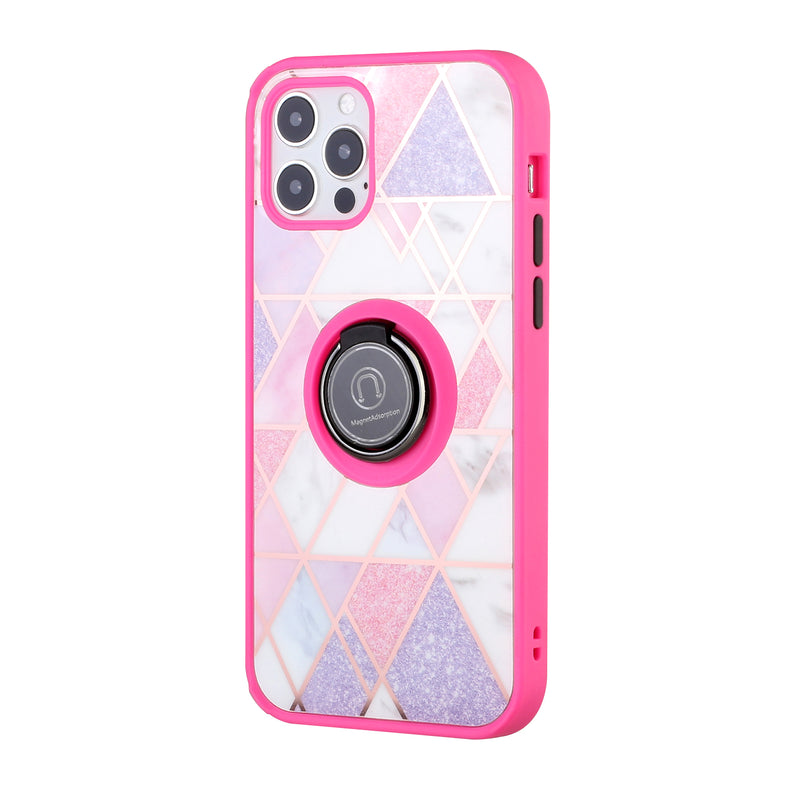 For Apple iPhone 11 (XI6.1) Unique IMD Design Magnetic Ring Stand Cover Case - Elegant Marble on Pink