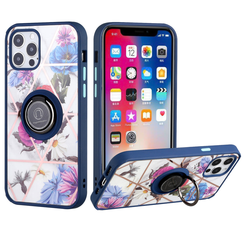 For iPhone 12/Pro (6.1 Only) Unique IMD Design Magnetic Ring Stand Cover Case - Flowers on Blue