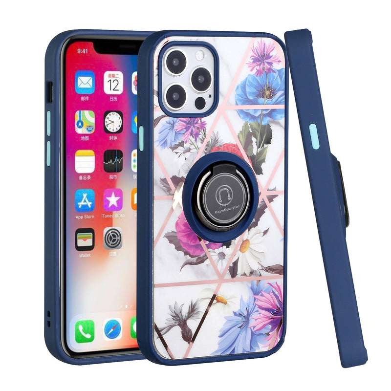 For iPhone 12/Pro (6.1 Only) Unique IMD Design Magnetic Ring Stand Cover Case - Flowers on Blue