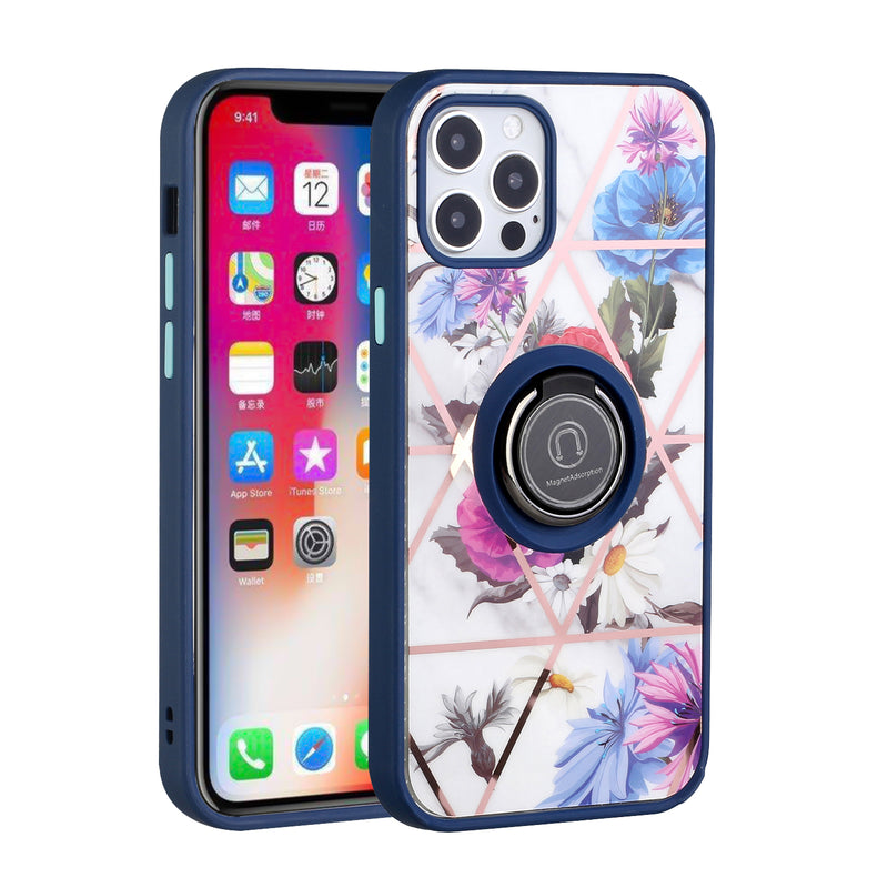 For Apple iPhone SE2 (2020) 8/7/6/6s Unique IMD Design Magnetic Ring Stand Cover Case - Flowers on Blue