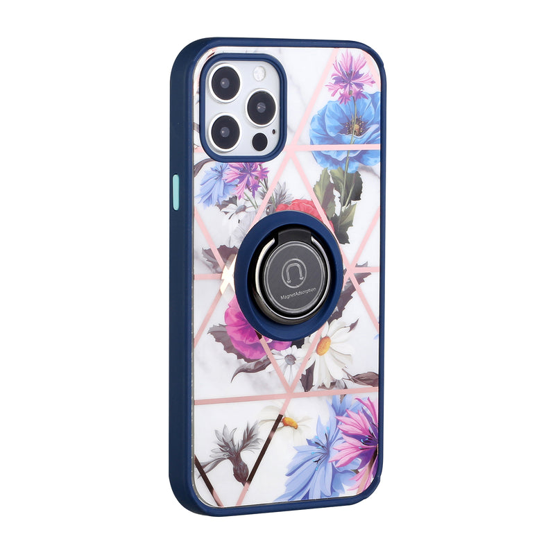 For Apple iPhone XR Unique IMD Design Magnetic Ring Stand Cover Case - Flowers on Blue
