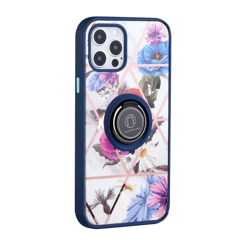 For Apple iPhone SE2 (2020) 8/7/6/6s Unique IMD Design Magnetic Ring Stand Cover Case - Flowers on Blue