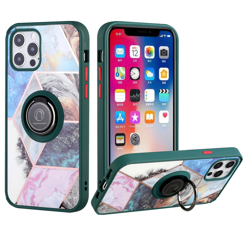 For Apple iPhone 14 PRO MAX 6.7" Unique IMD Design Magnetic Ring Stand Cover Case - Galaxy Marble on Green
