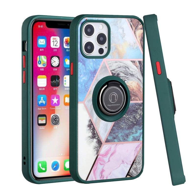 For Apple iPhone 14 PRO MAX 6.7" Unique IMD Design Magnetic Ring Stand Cover Case - Galaxy Marble on Green