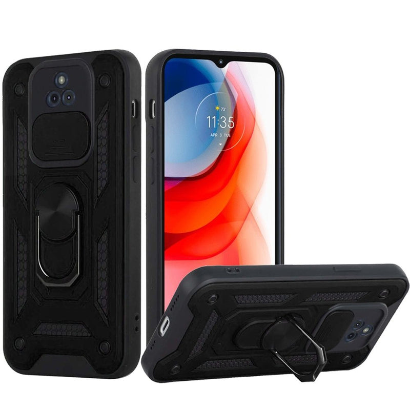 For Motorola Moto G Play 2021 ELITE Camera Push Magnetic Ring Stand Hybrid Case Cover - Black