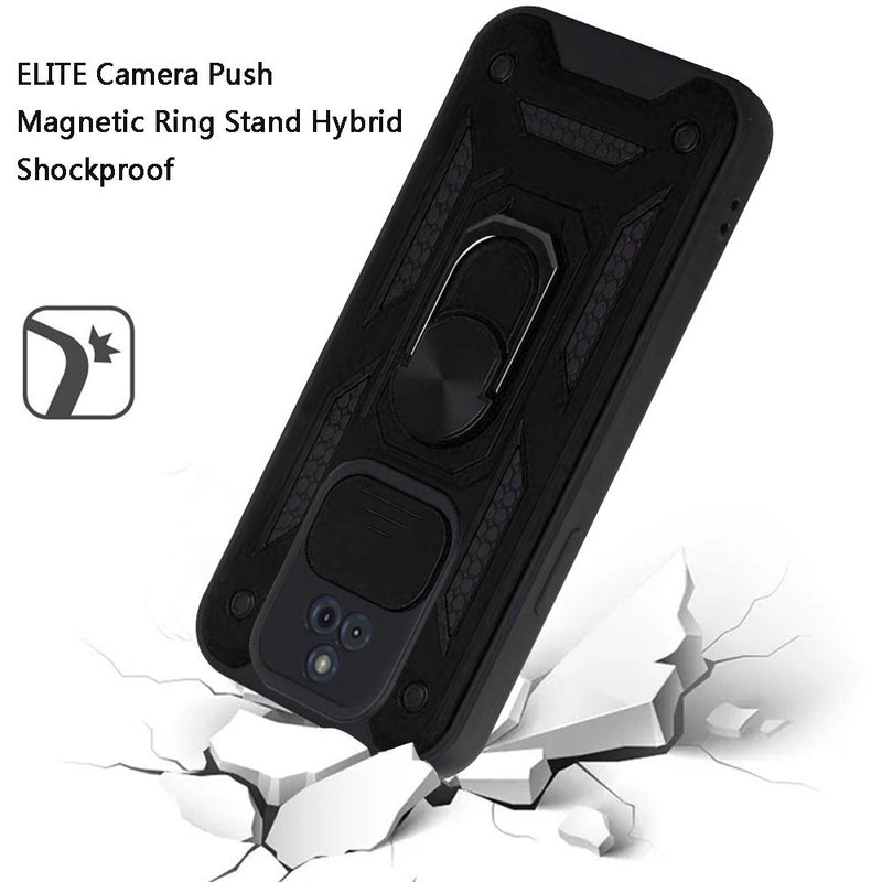 For Motorola Moto G Play 2021 ELITE Camera Push Magnetic Ring Stand Hybrid Case Cover - Black