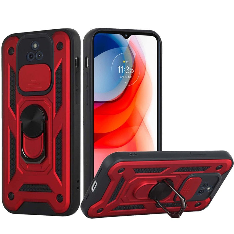 For Motorola Moto G Play 2021 ELITE Camera Push Magnetic Ring Stand Hybrid Case Cover - Red