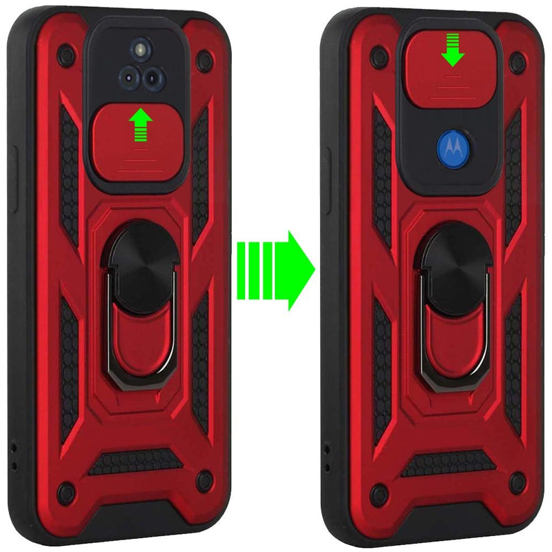 For Motorola Moto G Play 2021 ELITE Camera Push Magnetic Ring Stand Hybrid Case Cover - Red