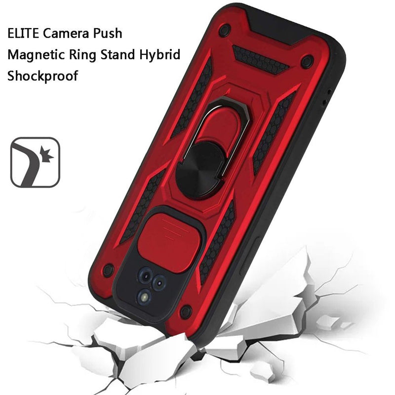 For Motorola Moto G Play 2021 ELITE Camera Push Magnetic Ring Stand Hybrid Case Cover - Red