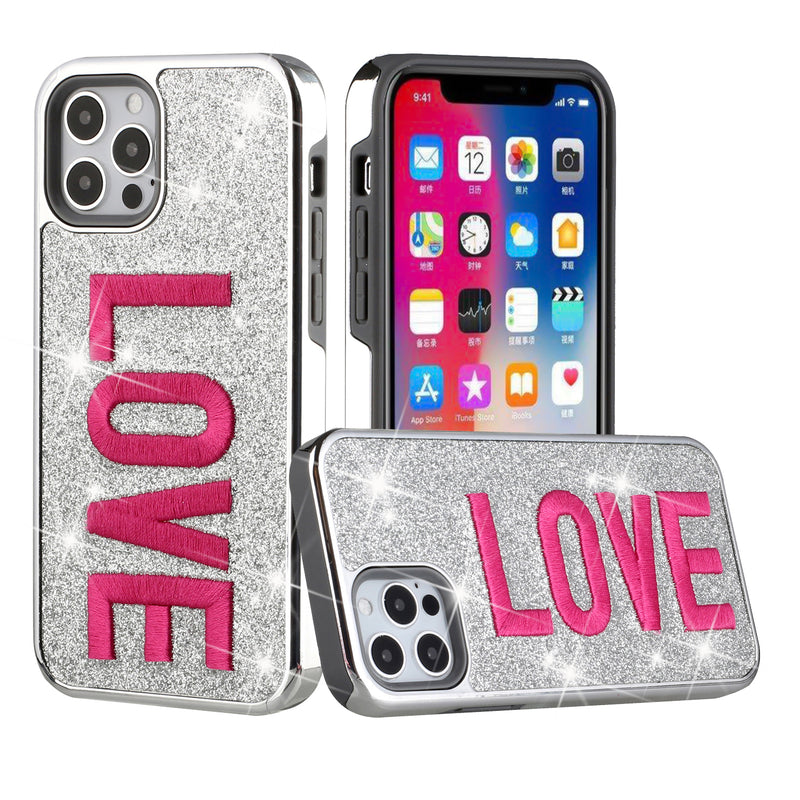 For iPhone 12 Pro Max 6.7 Embroidery Bling Glitter Chrome Hybrid Case Cover - Love on Silver