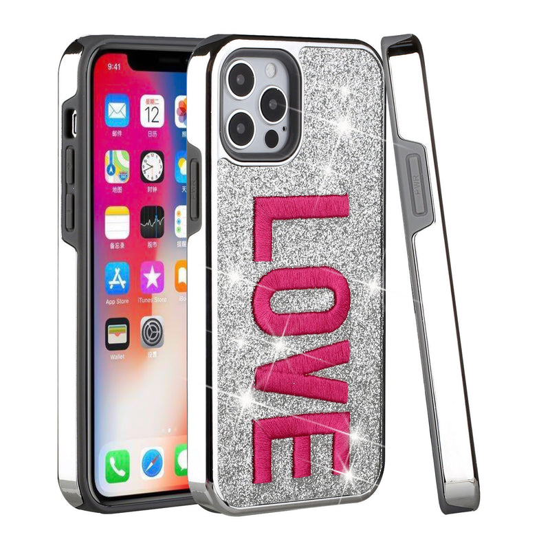 For iPhone 12 Pro Max 6.7 Embroidery Bling Glitter Chrome Hybrid Case Cover - Love on Silver