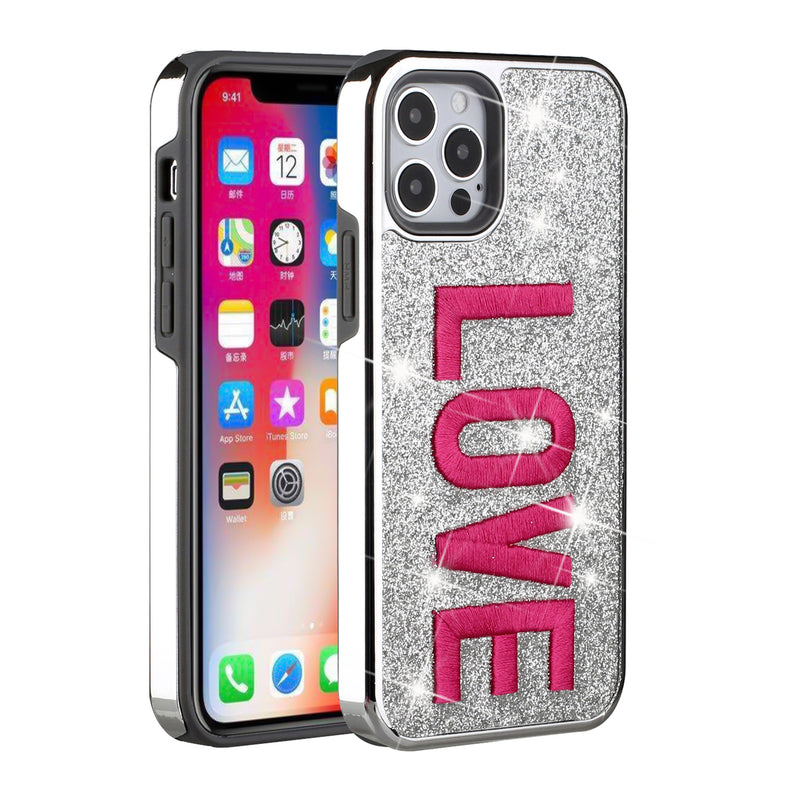 For iPhone 12/Pro (6.1 Only) Embroidery Bling Glitter Chrome Hybrid Case Cover - Love on Silver