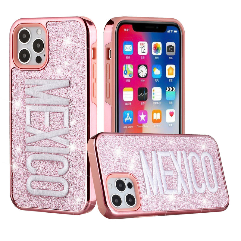 For iPhone 12 Pro Max 6.7 Embroidery Bling Glitter Chrome Hybrid Case Cover - MEXICO on Pink