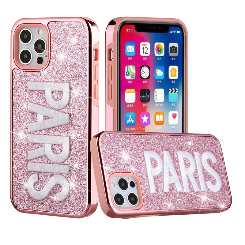 For iPhone 12 Pro Max 6.7 Embroidery Bling Glitter Chrome Hybrid Case Cover - PARIS on Pink