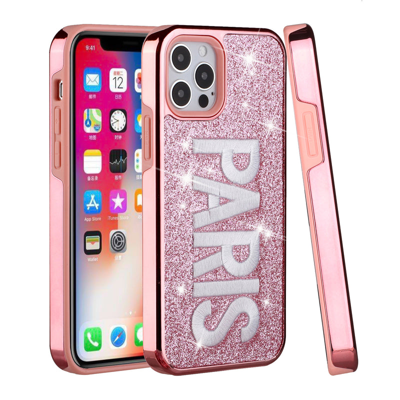 For iPhone 12/Pro (6.1 Only) Embroidery Bling Glitter Chrome Hybrid Case Cover - PARIS on Pink