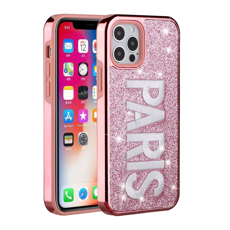 For iPhone 12 Pro Max 6.7 Embroidery Bling Glitter Chrome Hybrid Case Cover - PARIS on Pink