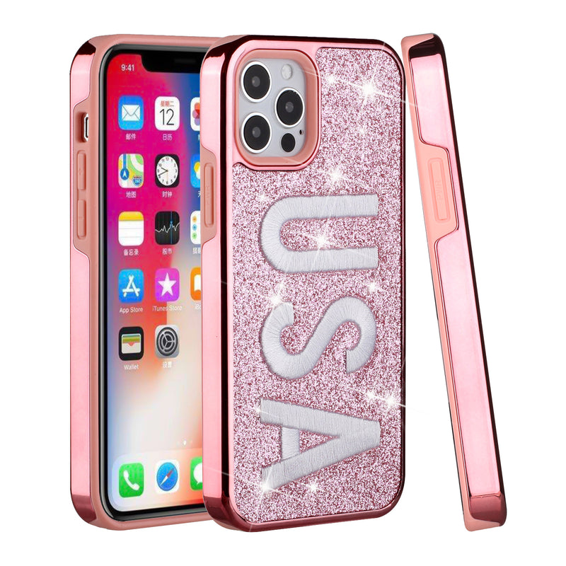 For iPhone 12 Pro Max 6.7 Embroidery Bling Glitter Chrome Hybrid Case Cover - U.S.A on Pink