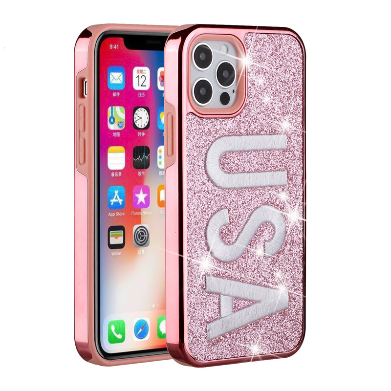 For iPhone 12 Pro Max 6.7 Embroidery Bling Glitter Chrome Hybrid Case Cover - U.S.A on Pink