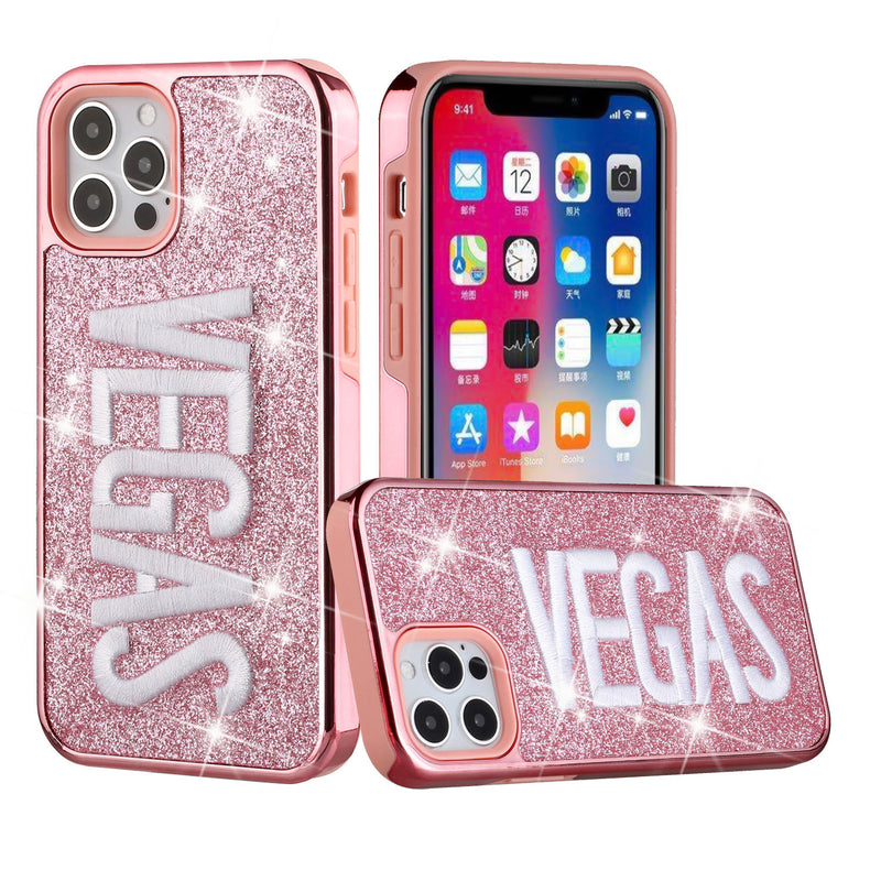 For Apple iPhone 11 (XI6.1) Embroidery Bling Glitter Chrome Hybrid Case Cover - VEGAS on Pink