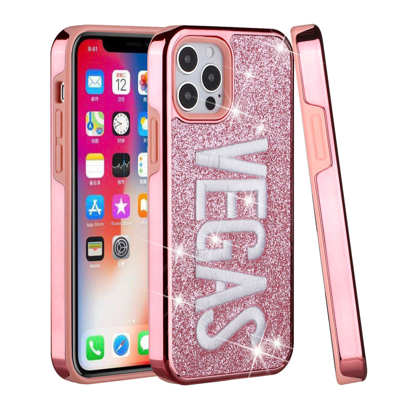 For Apple iPhone 11 (XI6.1) Embroidery Bling Glitter Chrome Hybrid Case Cover - VEGAS on Pink