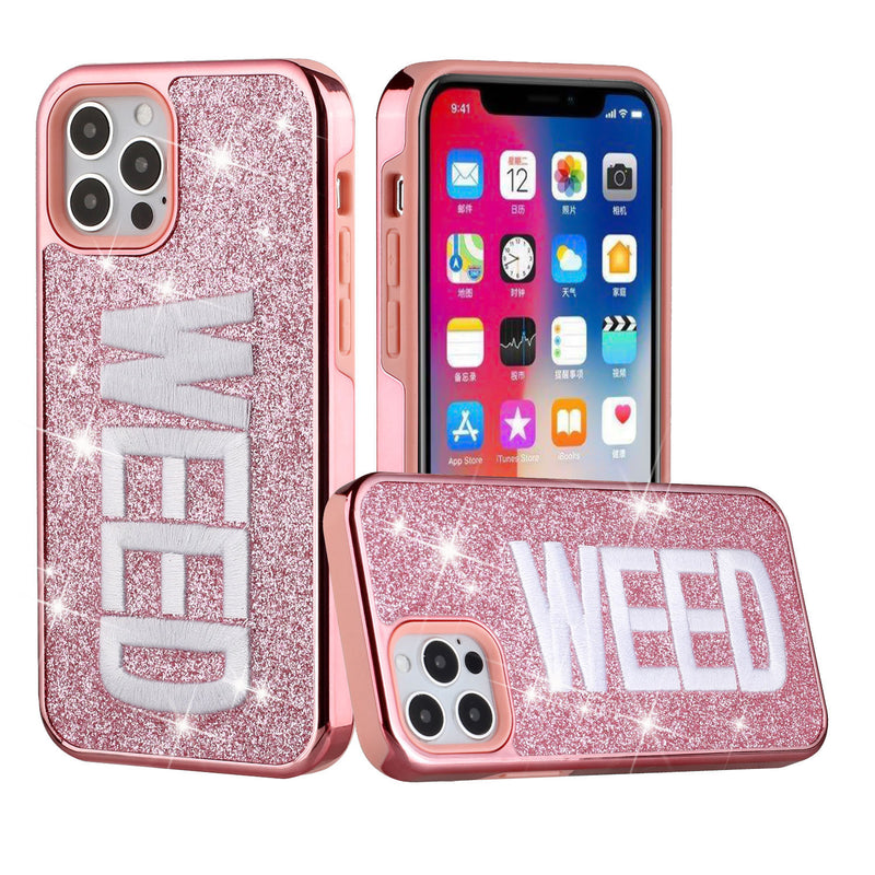 For Apple iPhone 11 (XI6.1) Embroidery Bling Glitter Chrome Hybrid Case Cover - WEED on Pink